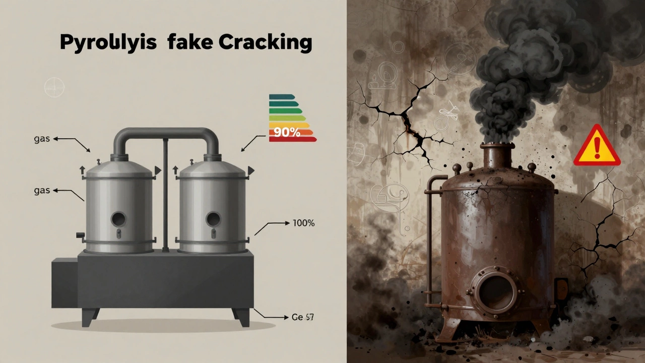 Сравнение пиролизного и фальшивого 'крекинг' котла: чистая технология слева, грязь и дым справа