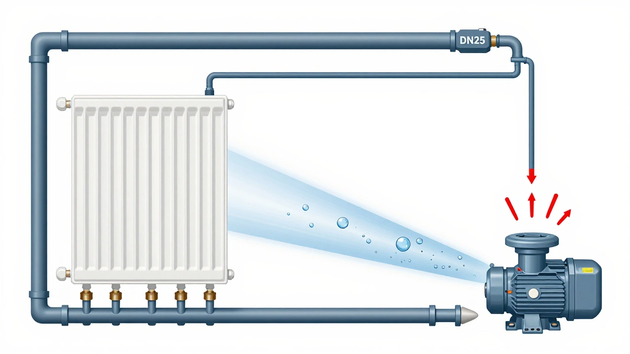 Техническая схема системы отопления: сбалансированный поток в трубах DN25 и DN20 против турбулентного потока в DN15 с воздушными пробками.
