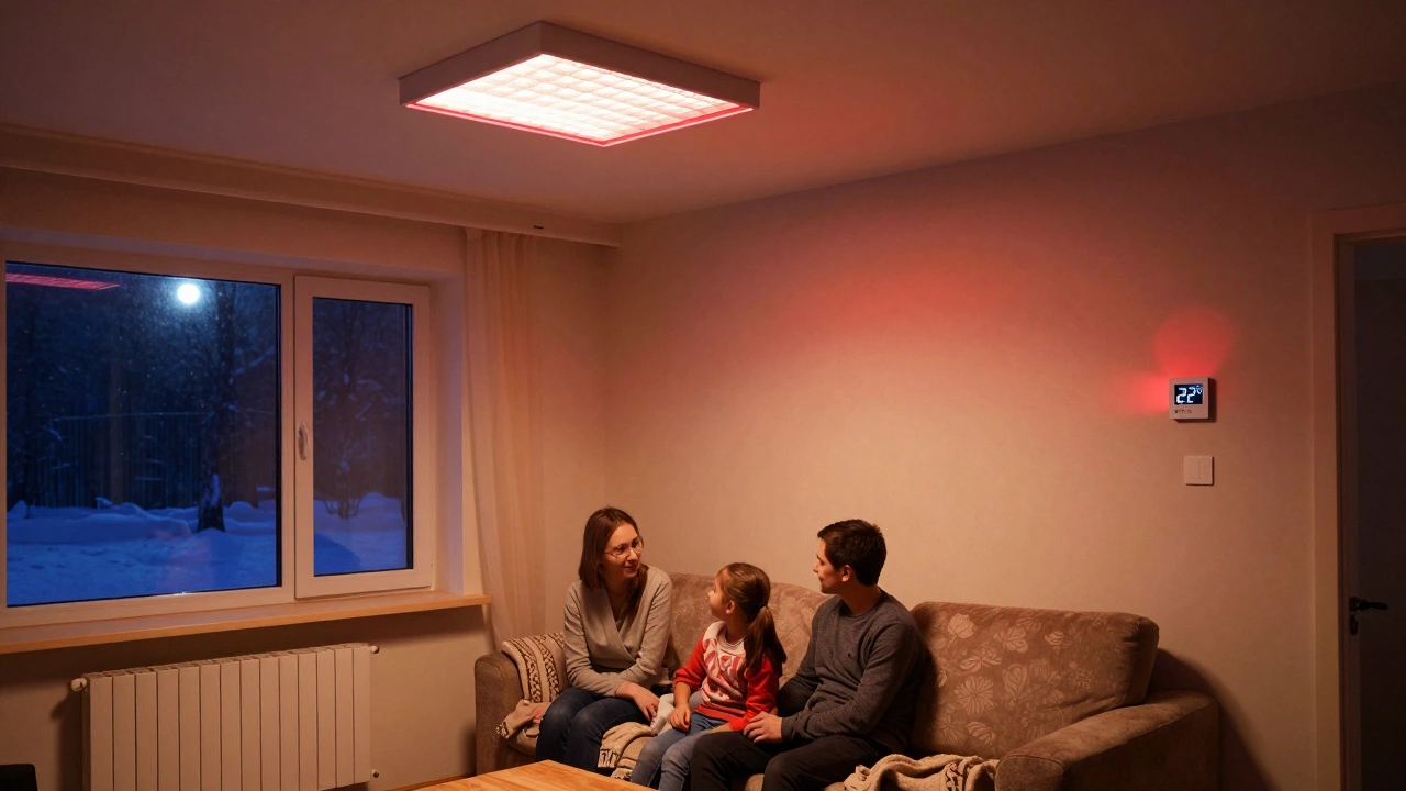 Уютная гостиная в доме с инфракрасными панелями, семья на диване, тепло без радиаторов, за окном мороз.