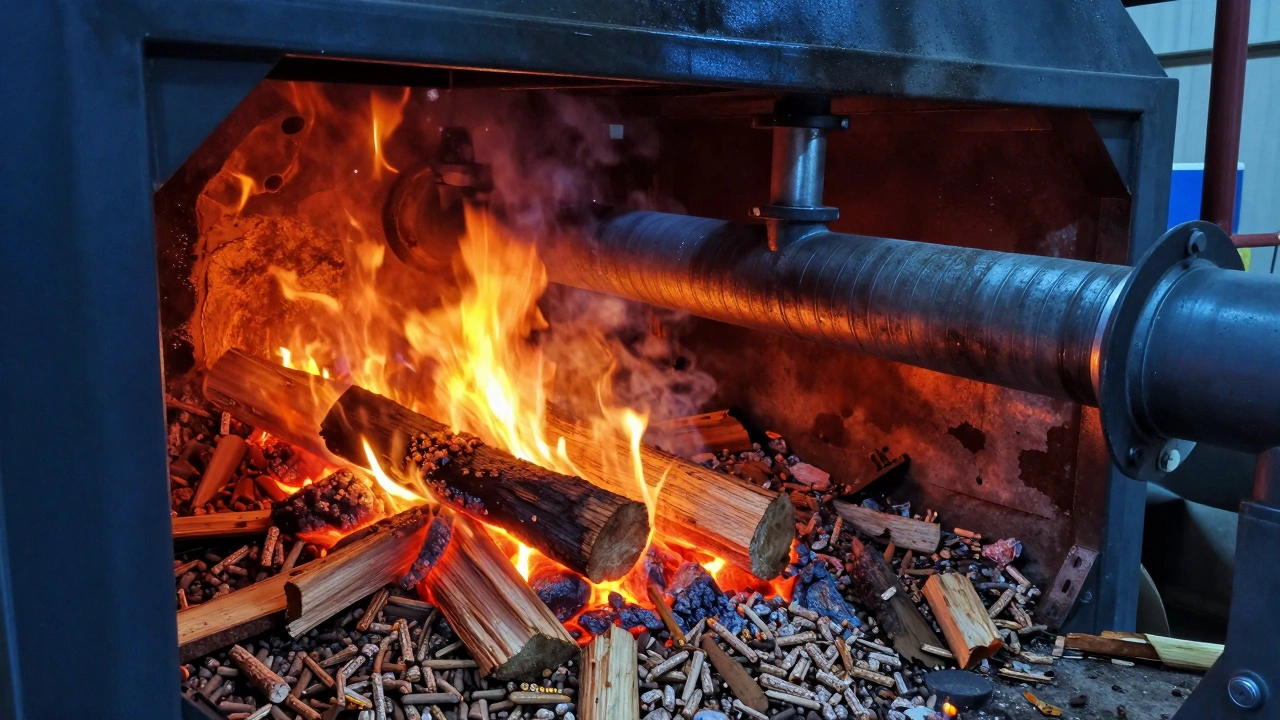 Внутреннее устройство пиролизного котла с чистым пламенем и без сажи, горят древесные пеллеты и бревна