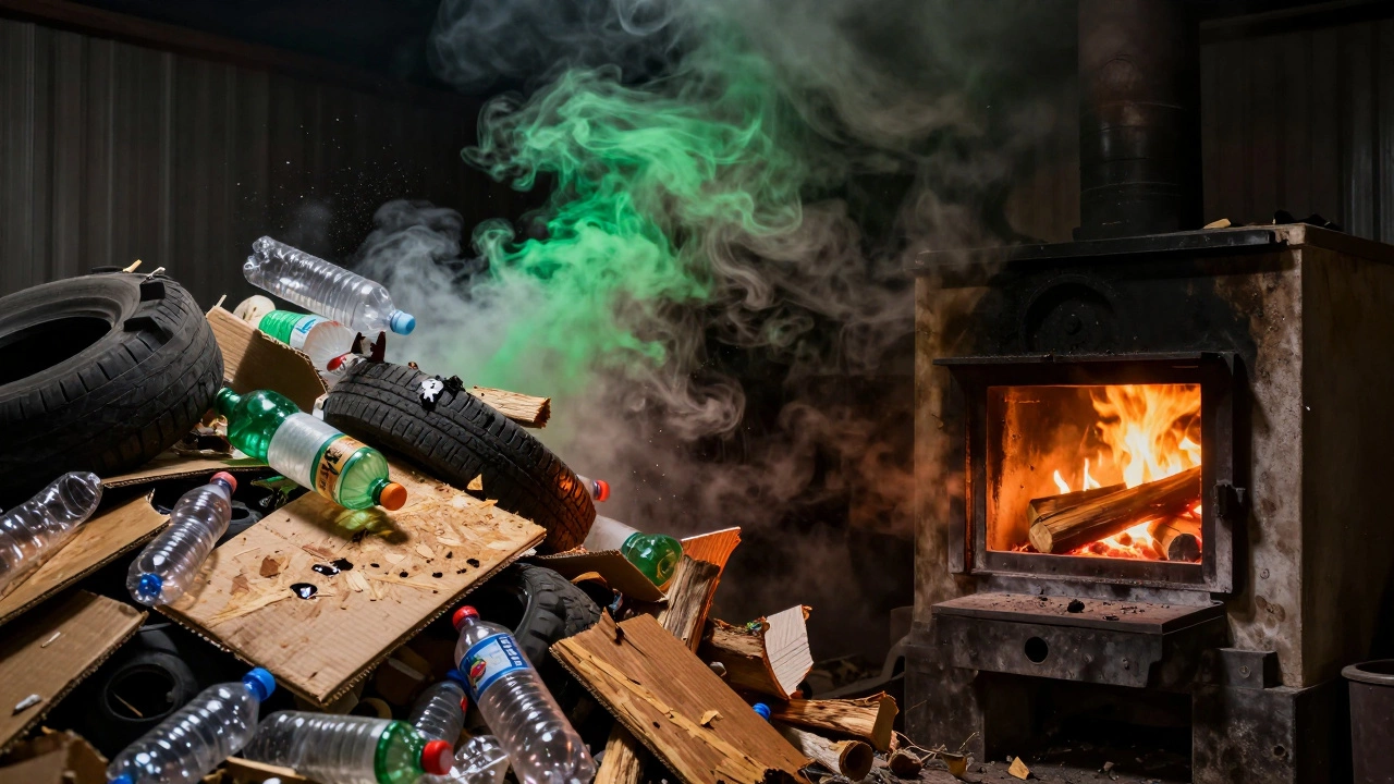 Запрещённый мусор — пластик, ДСП, резина — в дымящей печи, рядом — чистые дрова в безопасном котле