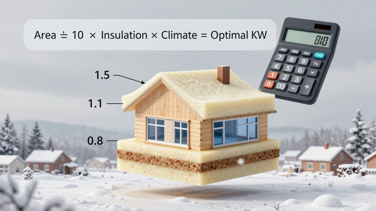 Дом с слоями утепления и формулой расчета мощности котла на фоне зимнего неба.