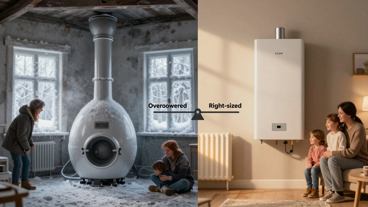 Два дома: один холодный с перегруженным котлом, другой теплый с оптимальным — сравнение через весы.