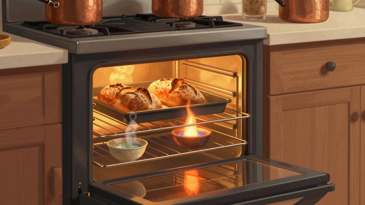 Газовая духовка с пламенем, хлеб на средней полке, миска с водой внизу, пар поднимается, тёплый свет.