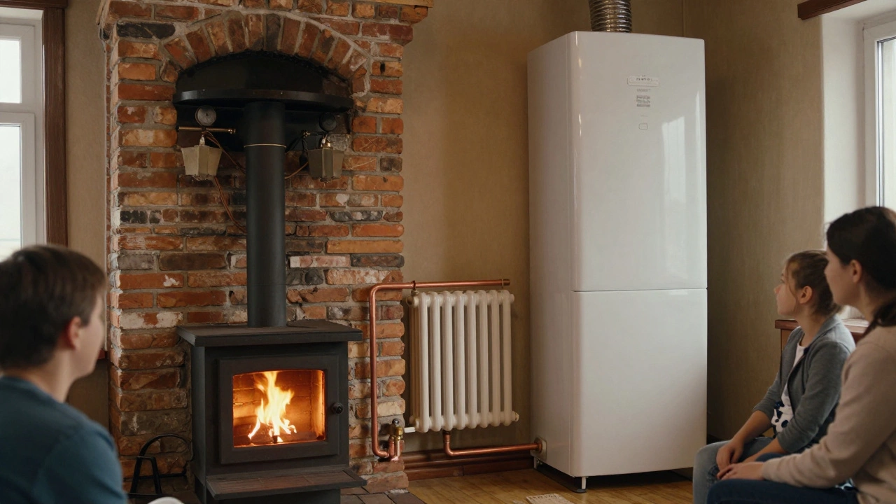 Гибридная система отопления: печь и котёл, работающие вместе в доме.