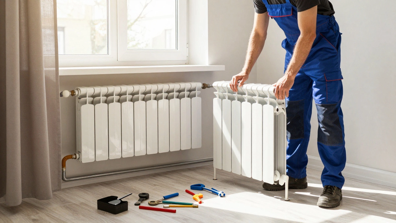 Мастер устанавливает современный биметаллический радиатор в квартире летом, солнечный свет и открытые окна.