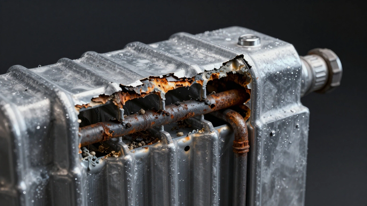 Разрез старого алюминиевого радиатора с видимой коррозией и засорами внутри, детализированный технический вид.