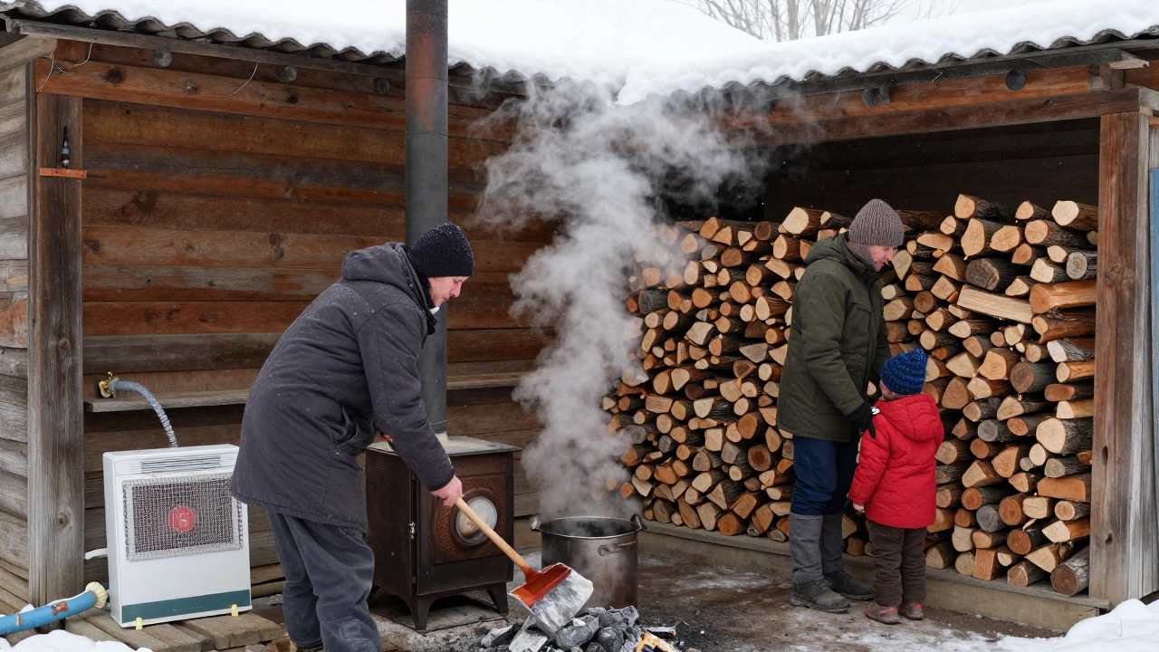 Семья в деревне Казанской области обслуживает твёрдотопливный котёл, рядом лежат дрова.