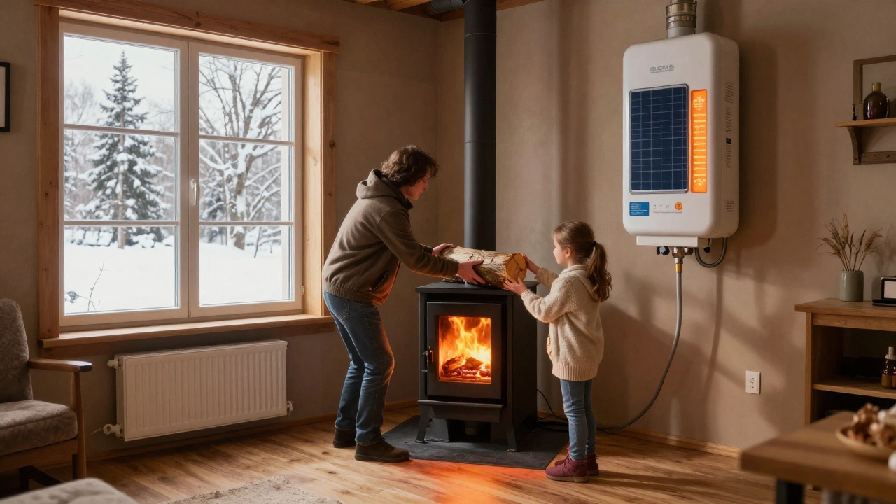 Семья загружает дрова в современную печь при свете зимнего солнца через новые окна.