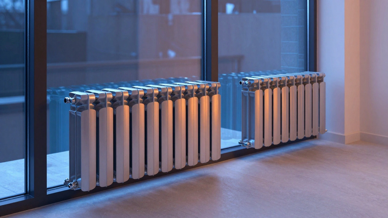Современный биметаллический радиатор в новой квартире, излучающий тепло под большими окнами.