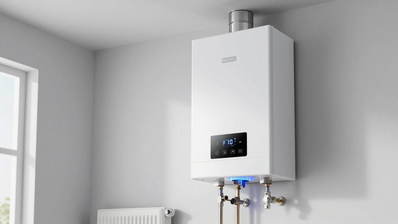 Современный газовый котёл с цифровым панелью управления в техническом помещении.