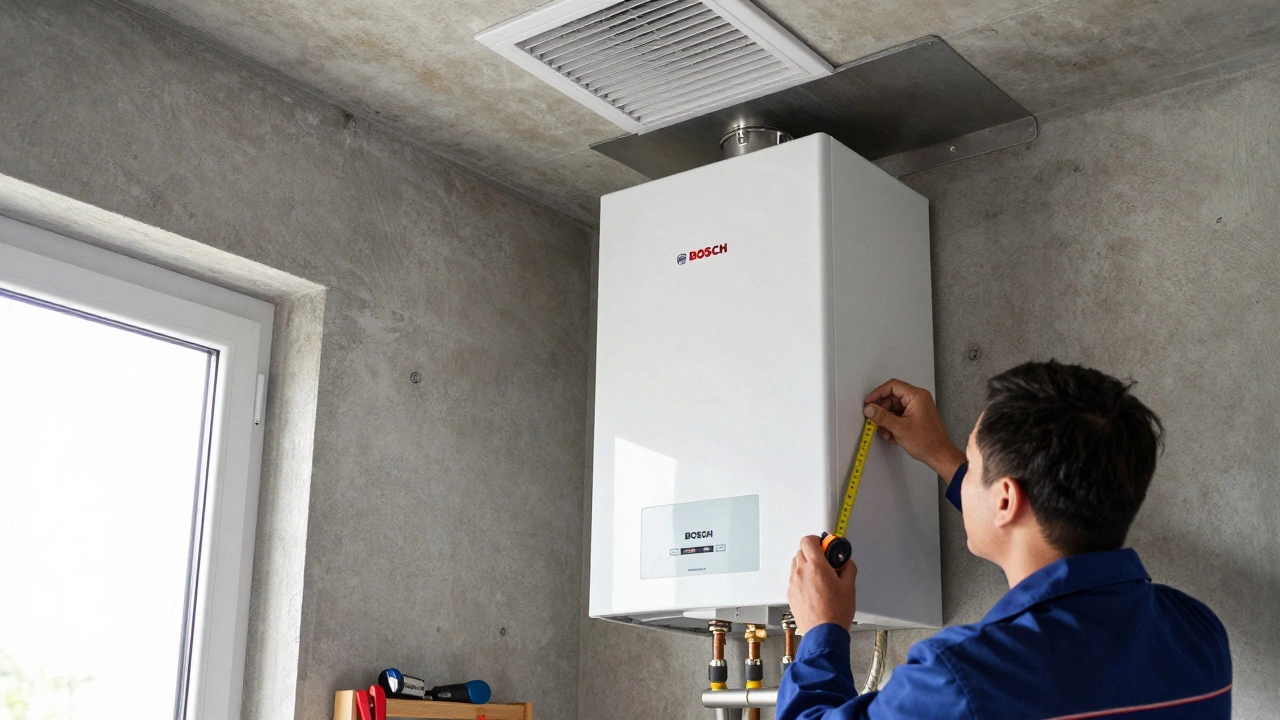 Специалист измеряет расстояние от газового котла до потолка в техническом помещении с металлическим защитным щитом.