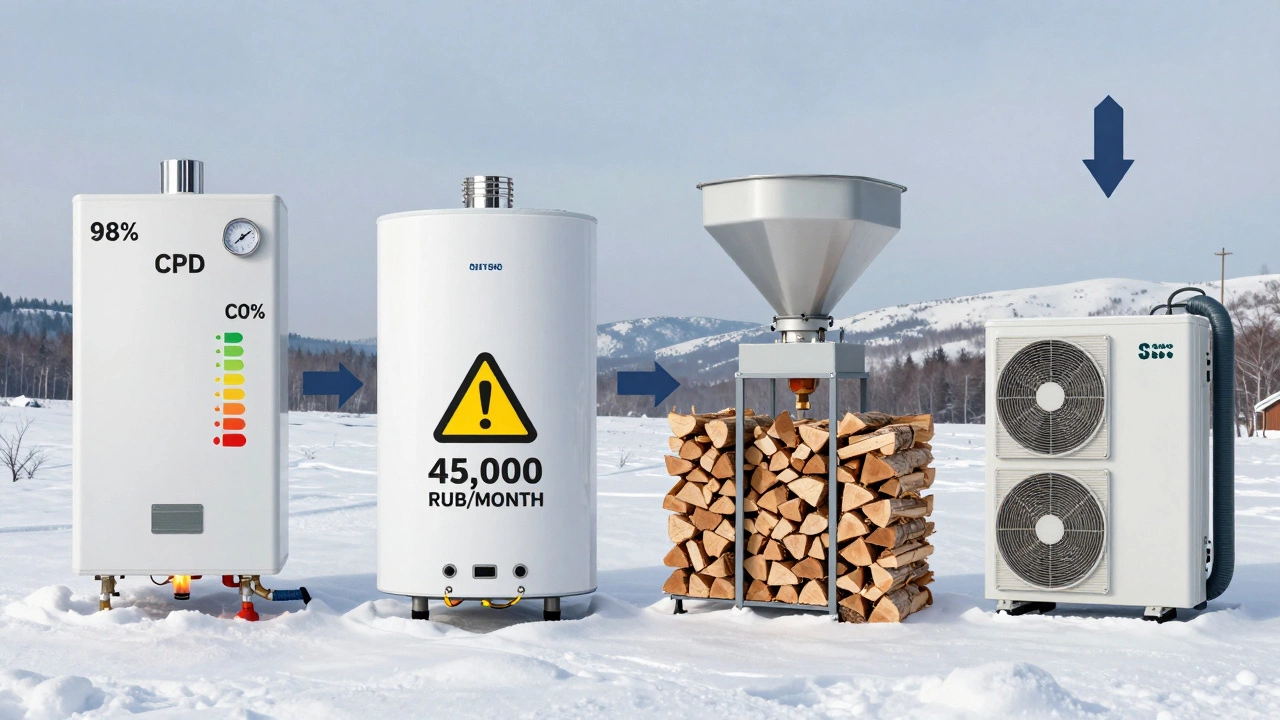 Сравнение четырех типов отопительных котлов на фоне снежного пейзажа Татарстана.