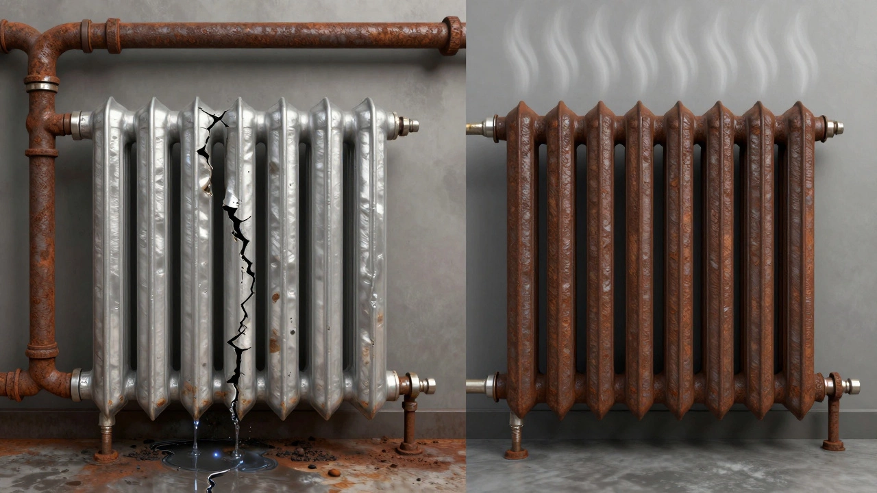 Сравнение: корродировавший алюминиевый радиатор слева и целый чугунный справа.