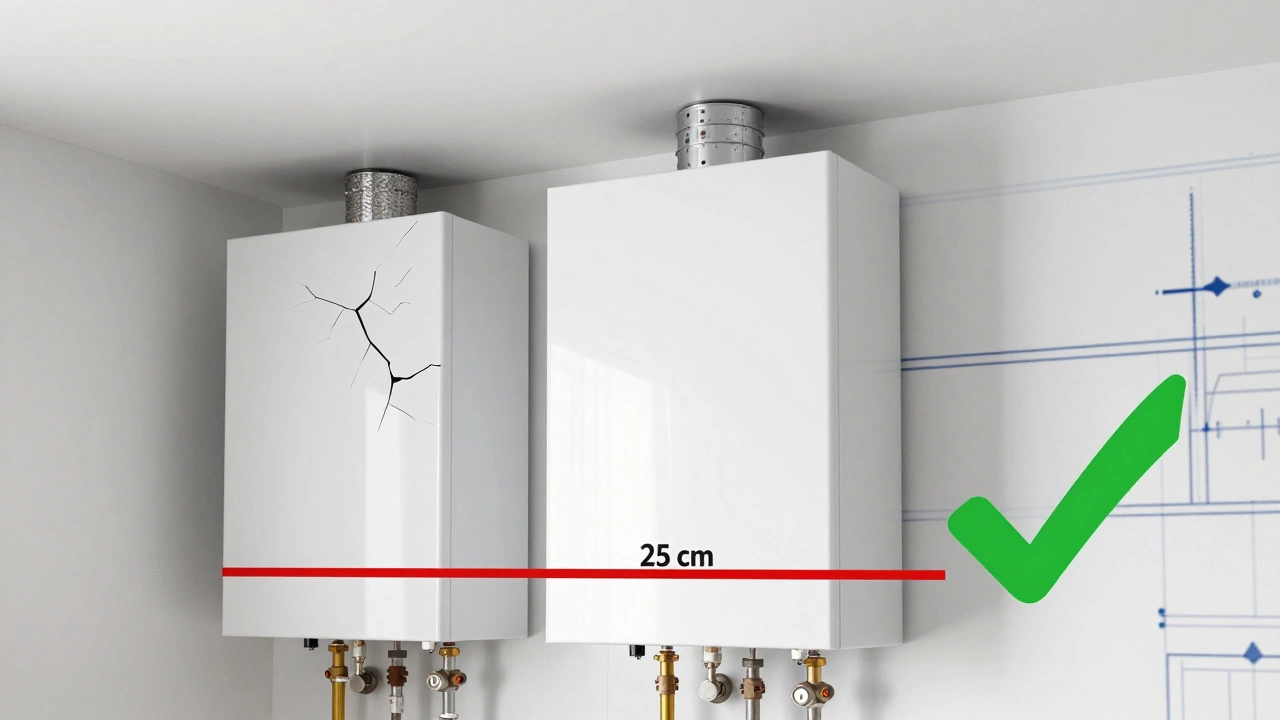 Сравнение неправильной и правильной установки газового котла относительно потолка с красной и зеленой метками.
