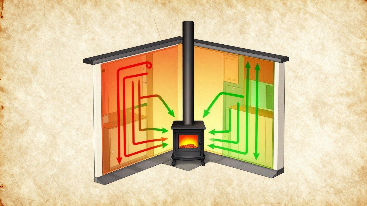 Сравнение тепловых потоков: неправильное и правильное размещение печи в доме, визуализация потоков воздуха.