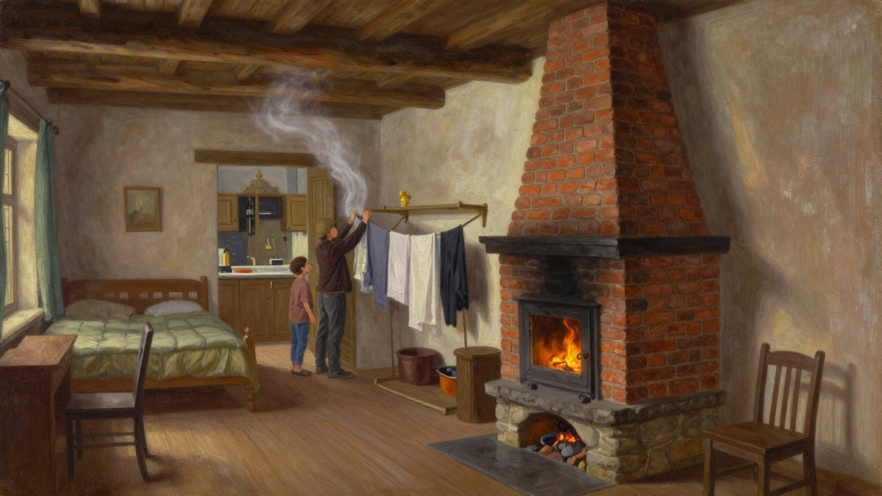 Тепло от печи в углу равномерно распространяется в комнаты, одежда сушится на стене рядом с ней.