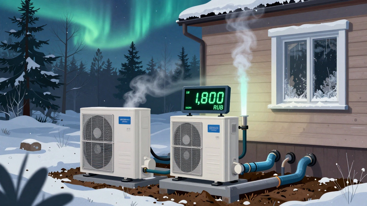 Тепловой насос извлекает тепло из земли для отопления утепленного дома в Татарстане зимой.