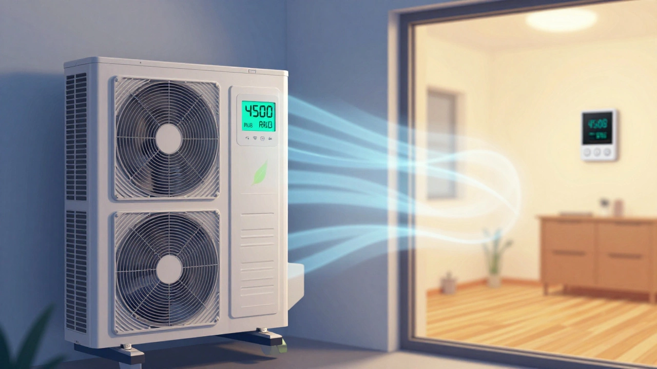 Тепловой насос на стене дома в зимнем Казани, цифры показывают низкую стоимость отопления.