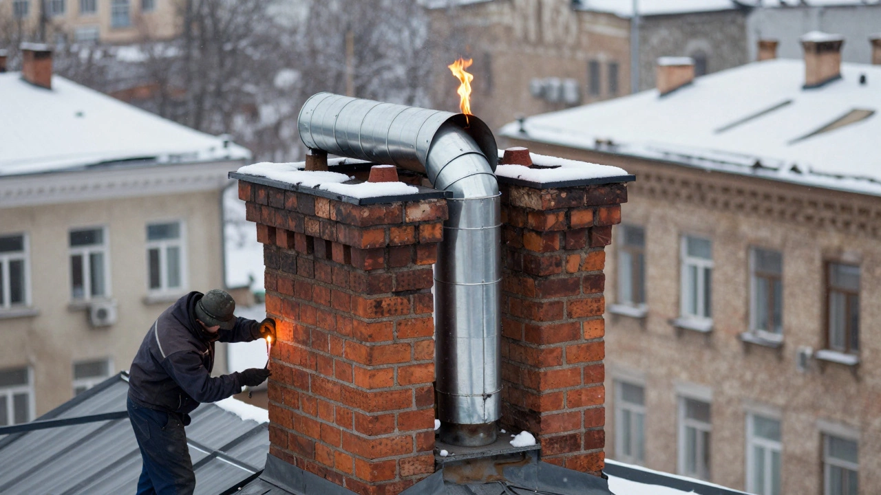 Внутренняя гильза из нержавеющей стали в кирпичном дымоходе, пламя свечи поднимается вверх — тяга восстановлена.