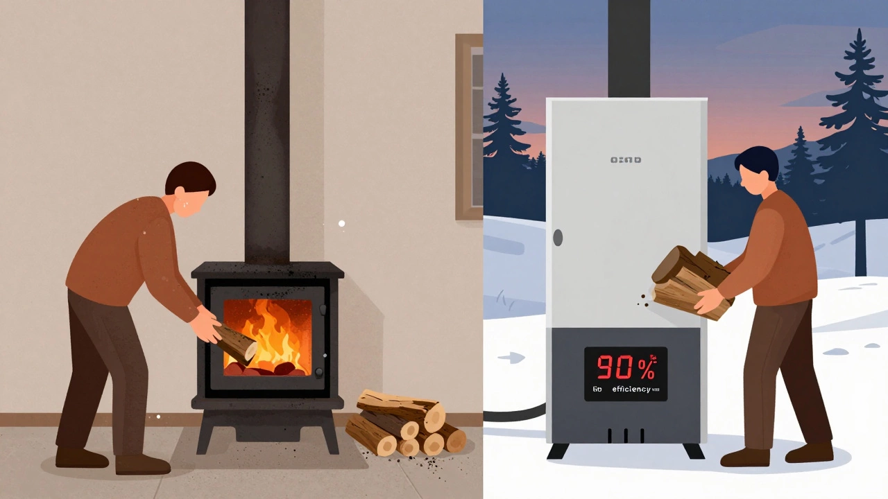Сравнение: слева — человек часто подкидывает дрова в старую печь, справа — один раз загружает современный котёл с цифровым индикатором.