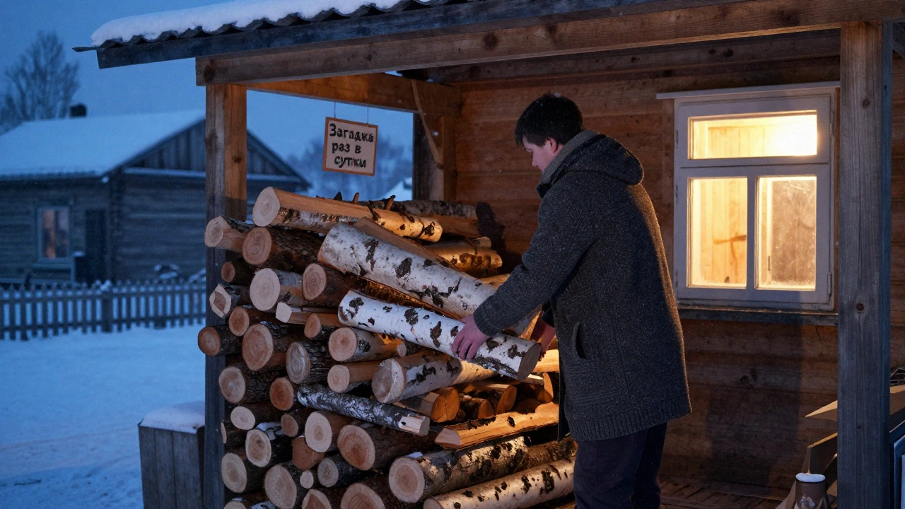 Вечером в деревне: мужчина загружает дрова в котельную, снег падает, из окна тёплый свет, надпись 'Загрузка раз в сутки'.